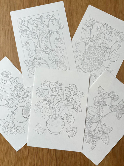 Set of coloring pages with floral and fruit designs on a wooden surface